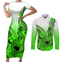 Hawaii Couples Matching Short Sleeve Bodycon Dress and Long Sleeve Button Shirts Polynesian Shark Tattoo With Plumeria Green Gradient - Wonder Print Shop