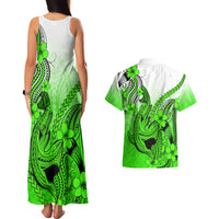 Hawaii Couples Matching Tank Maxi Dress And Hawaiian Shirt Polynesian Shark Tattoo With Plumeria Green Gradient - Wonder Print Shop