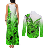 Hawaii Couples Matching Tank Maxi Dress and Long Sleeve Button Shirts Polynesian Shark Tattoo With Plumeria Green Gradient - Wonder Print Shop