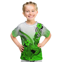 Hawaii Kid T Shirt Polynesian Shark Tattoo With Plumeria Green Gradient - Wonder Print Shop