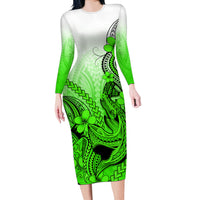 Hawaii Long Sleeve Bodycon Dress Polynesian Shark Tattoo With Plumeria Green Gradient - Wonder Print Shop