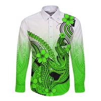 Hawaii Long Sleeve Button Shirt Polynesian Shark Tattoo With Plumeria Green Gradient - Wonder Print Shop