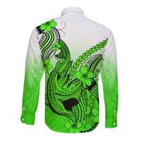 Hawaii Long Sleeve Button Shirt Polynesian Shark Tattoo With Plumeria Green Gradient - Wonder Print Shop