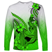 Hawaii Long Sleeve Shirt Polynesian Shark Tattoo With Plumeria Green Gradient - Wonder Print Shop