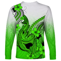 Hawaii Long Sleeve Shirt Polynesian Shark Tattoo With Plumeria Green Gradient - Wonder Print Shop