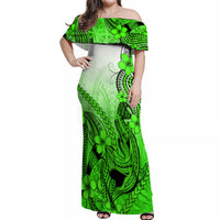 Hawaii Off Shoulder Maxi Dress Polynesian Shark Tattoo With Plumeria Green Gradient - Wonder Print Shop