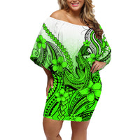 Hawaii Off Shoulder Short Dress Polynesian Shark Tattoo With Plumeria Green Gradient - Wonder Print Shop