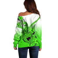 Hawaii Off Shoulder Sweater Polynesian Shark Tattoo With Plumeria Green Gradient - Wonder Print Shop