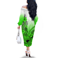 Hawaii Off The Shoulder Long Sleeve Dress Polynesian Shark Tattoo With Plumeria Green Gradient - Wonder Print Shop