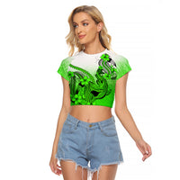 Hawaii Raglan Cropped T Shirt Polynesian Shark Tattoo With Plumeria Green Gradient - Wonder Print Shop