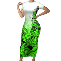 Hawaii Short Sleeve Bodycon Dress Polynesian Shark Tattoo With Plumeria Green Gradient - Wonder Print Shop