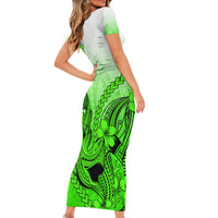 Hawaii Short Sleeve Bodycon Dress Polynesian Shark Tattoo With Plumeria Green Gradient - Wonder Print Shop