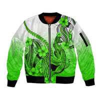 Hawaii Sleeve Zip Bomber Jacket Polynesian Shark Tattoo With Plumeria Green Gradient - Wonder Print Shop