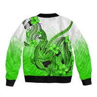 Hawaii Sleeve Zip Bomber Jacket Polynesian Shark Tattoo With Plumeria Green Gradient - Wonder Print Shop