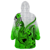 Hawaii Wearable Blanket Hoodie Polynesian Shark Tattoo With Plumeria Green Gradient - Wonder Print Shop