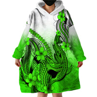Hawaii Wearable Blanket Hoodie Polynesian Shark Tattoo With Plumeria Green Gradient - Wonder Print Shop