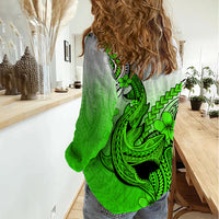 Hawaii Women Casual Shirt Polynesian Shark Tattoo With Plumeria Green Gradient - Wonder Print Shop