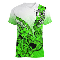 Hawaii Women V Neck T Shirt Polynesian Shark Tattoo With Plumeria Green Gradient - Wonder Print Shop
