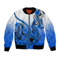 Hawaii Bomber Jacket Polynesian Shark Tattoo With Plumeria Blue Gradient - Wonder Print Shop