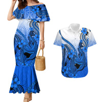 Hawaii Couples Matching Mermaid Dress And Hawaiian Shirt Polynesian Shark Tattoo With Plumeria Blue Gradient - Wonder Print Shop