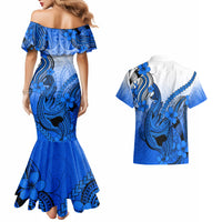 Hawaii Couples Matching Mermaid Dress And Hawaiian Shirt Polynesian Shark Tattoo With Plumeria Blue Gradient - Wonder Print Shop