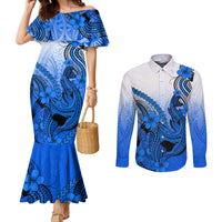 hawaii-couples-matching-mermaid-dress-and-long-sleeve-button-shirts-polynesian-shark-tattoo-with-plumeria-blue-gradient
