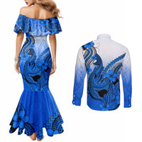 hawaii-couples-matching-mermaid-dress-and-long-sleeve-button-shirts-polynesian-shark-tattoo-with-plumeria-blue-gradient