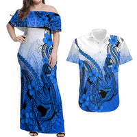 Hawaii Couples Matching Off Shoulder Maxi Dress and Hawaiian Shirt Polynesian Shark Tattoo With Plumeria Blue Gradient - Wonder Print Shop