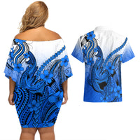 Hawaii Couples Matching Off Shoulder Short Dress and Hawaiian Shirt Polynesian Shark Tattoo With Plumeria Blue Gradient - Wonder Print Shop