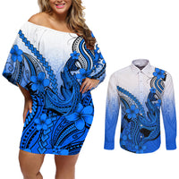 Hawaii Couples Matching Off Shoulder Short Dress and Long Sleeve Button Shirts Polynesian Shark Tattoo With Plumeria Blue Gradient - Wonder Print Shop