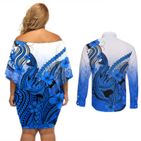 Hawaii Couples Matching Off Shoulder Short Dress and Long Sleeve Button Shirts Polynesian Shark Tattoo With Plumeria Blue Gradient - Wonder Print Shop