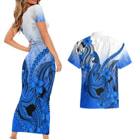 Hawaii Couples Matching Short Sleeve Bodycon Dress and Hawaiian Shirt Polynesian Shark Tattoo With Plumeria Blue Gradient - Wonder Print Shop