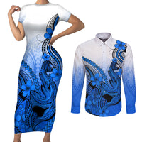 Hawaii Couples Matching Short Sleeve Bodycon Dress and Long Sleeve Button Shirts Polynesian Shark Tattoo With Plumeria Blue Gradient - Wonder Print Shop