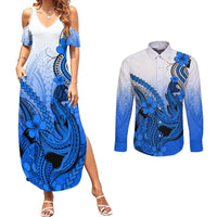 Hawaii Couples Matching Summer Maxi Dress and Long Sleeve Button Shirts Polynesian Shark Tattoo With Plumeria Blue Gradient - Wonder Print Shop