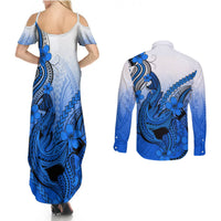 Hawaii Couples Matching Summer Maxi Dress and Long Sleeve Button Shirts Polynesian Shark Tattoo With Plumeria Blue Gradient - Wonder Print Shop