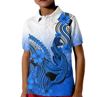 Hawaii Kid Polo Shirt Polynesian Shark Tattoo With Plumeria Blue Gradient - Wonder Print Shop