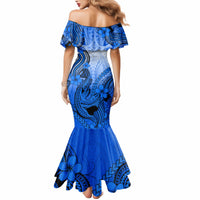 Hawaii Mermaid Dress Polynesian Shark Tattoo With Plumeria Blue Gradient - Wonder Print Shop