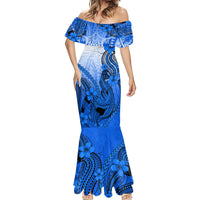 Hawaii Mermaid Dress Polynesian Shark Tattoo With Plumeria Blue Gradient - Wonder Print Shop