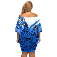 Hawaii Off Shoulder Short Dress Polynesian Shark Tattoo With Plumeria Blue Gradient - Wonder Print Shop