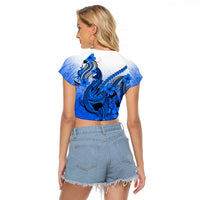 Hawaii Raglan Cropped T Shirt Polynesian Shark Tattoo With Plumeria Blue Gradient - Wonder Print Shop