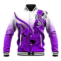Hawaii Baseball Jacket Polynesian Shark Tattoo With Plumeria Purple Gradient - Wonder Print Shop
