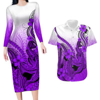 Hawaii Couples Matching Long Sleeve Bodycon Dress and Hawaiian Shirt Polynesian Shark Tattoo With Plumeria Purple Gradient - Wonder Print Shop