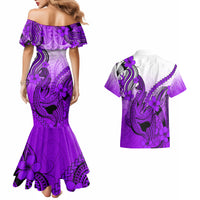 Hawaii Couples Matching Mermaid Dress And Hawaiian Shirt Polynesian Shark Tattoo With Plumeria Purple Gradient - Wonder Print Shop