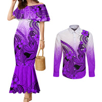 hawaii-couples-matching-mermaid-dress-and-long-sleeve-button-shirts-polynesian-shark-tattoo-with-plumeria-purple-gradient