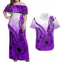Hawaii Couples Matching Off Shoulder Maxi Dress and Hawaiian Shirt Polynesian Shark Tattoo With Plumeria Purple Gradient - Wonder Print Shop