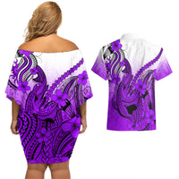 Hawaii Couples Matching Off Shoulder Short Dress and Hawaiian Shirt Polynesian Shark Tattoo With Plumeria Purple Gradient - Wonder Print Shop