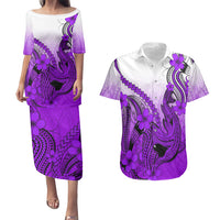 Hawaii Couples Matching Puletasi Dress and Hawaiian Shirt Polynesian Shark Tattoo With Plumeria Purple Gradient - Wonder Print Shop