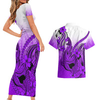 Hawaii Couples Matching Short Sleeve Bodycon Dress and Hawaiian Shirt Polynesian Shark Tattoo With Plumeria Purple Gradient - Wonder Print Shop