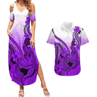 Hawaii Couples Matching Summer Maxi Dress and Hawaiian Shirt Polynesian Shark Tattoo With Plumeria Purple Gradient - Wonder Print Shop