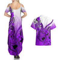 Hawaii Couples Matching Summer Maxi Dress and Hawaiian Shirt Polynesian Shark Tattoo With Plumeria Purple Gradient - Wonder Print Shop